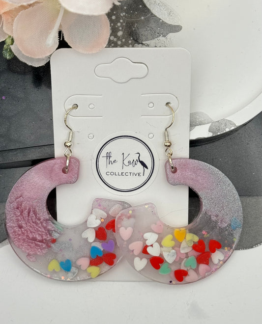 Pink dangle  hoop earrings with hearts